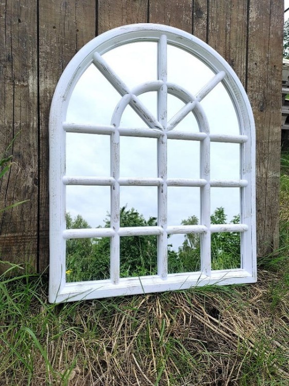 Ogrodowe Lustro w ramie z łukiem - duże białe ze srebrem - 5085090