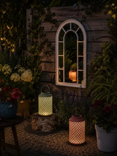 nocna aranżacje z lustrem i lampionami