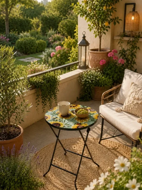 dekoracyjny stolik kawowy na balkon, taras i do ogrodu, motyw ze słonecznikami
