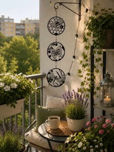dekoracyjna zawieszka wind spinner na balkon i do ogrodu motyw pszczół i motyli