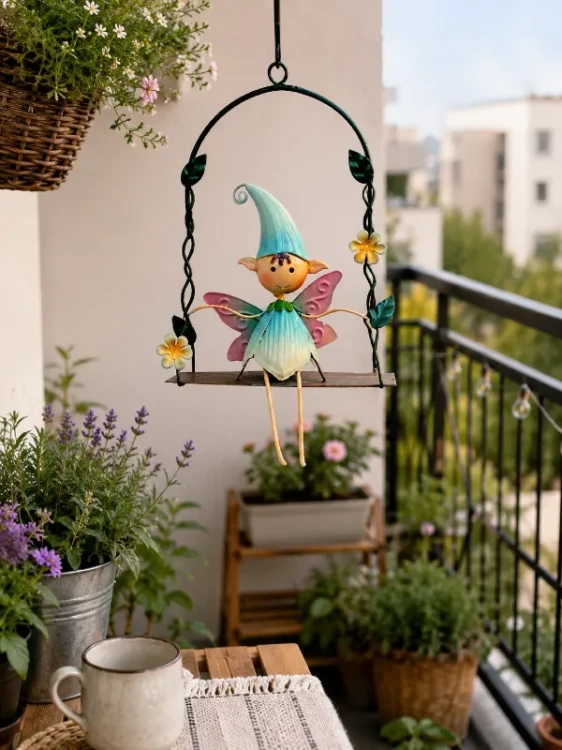huśtawka ze skrzatem dekoracja z metalu na balkon taras i do ogrodu